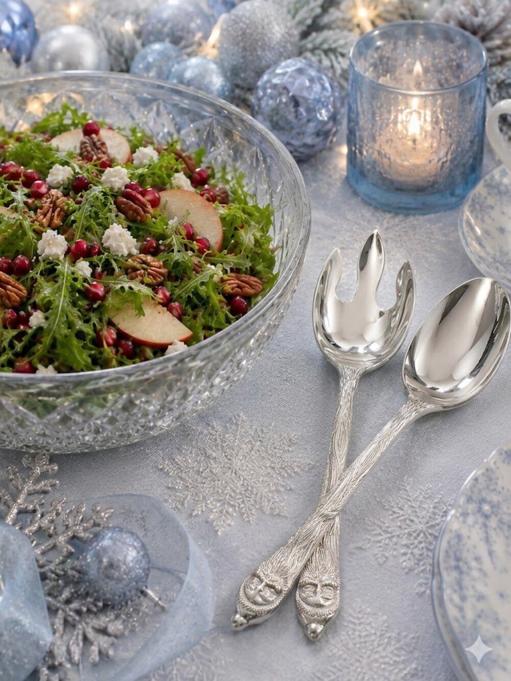 NIB Vintage Christmas Santa Claus Silver Plated Salad Serving Set